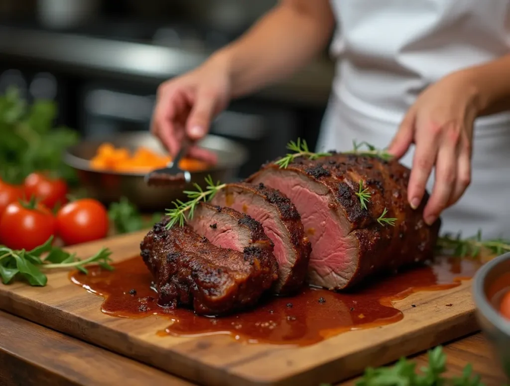 Delicious beef arm roast sliced and served with savory sides