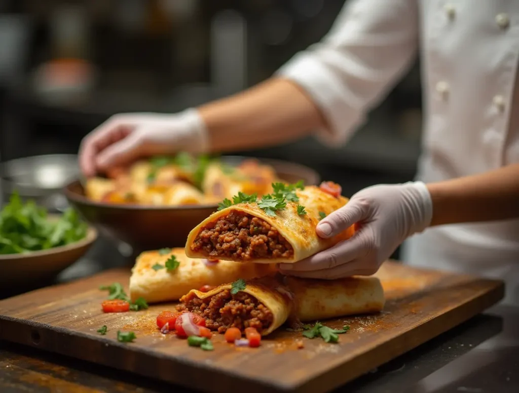 Ground beef being seasoned for beef chimichangas