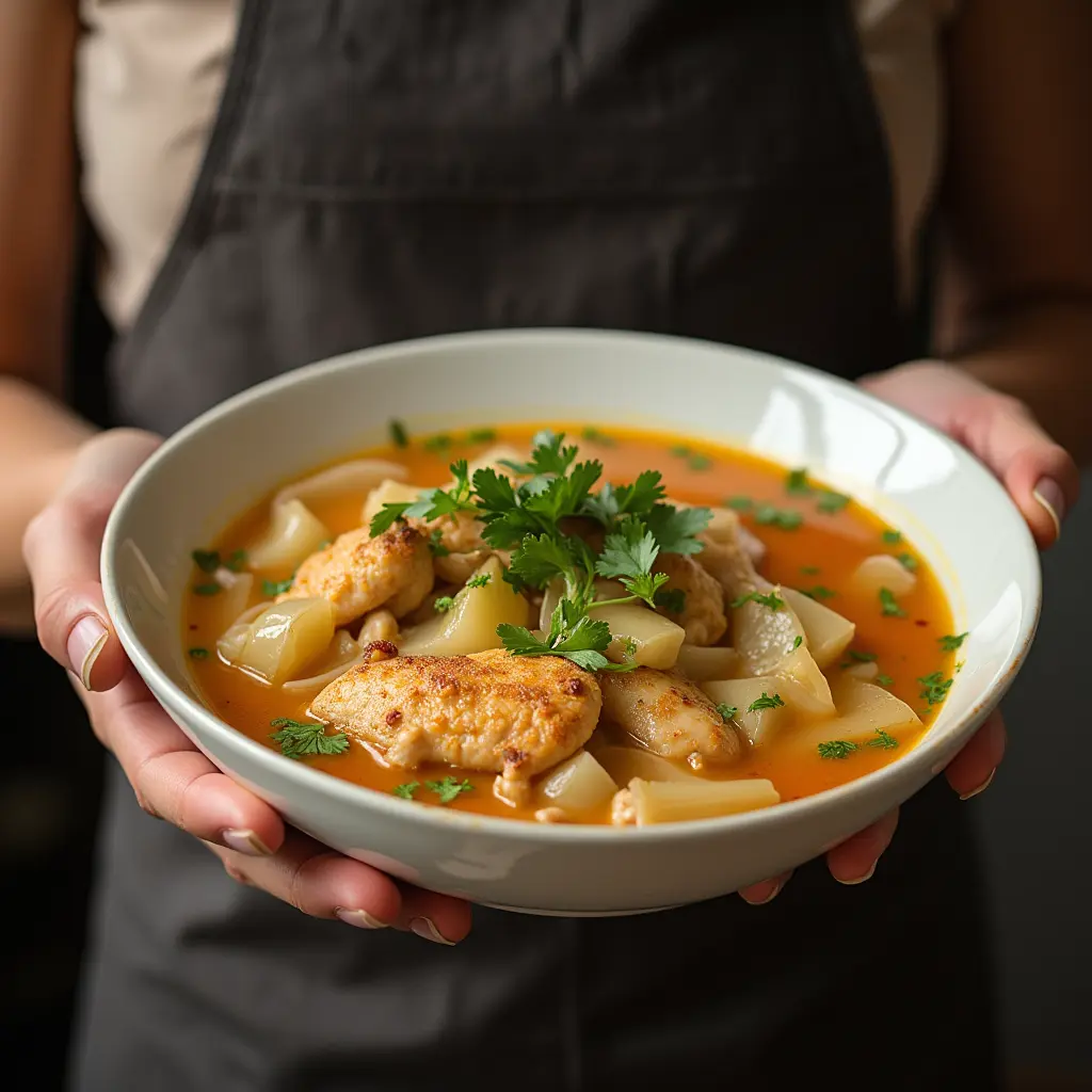 A nourishing bowl of Chicken Cabbage Soup with vibrant cabbage, tender chicken pieces, and vegetables in a light broth.