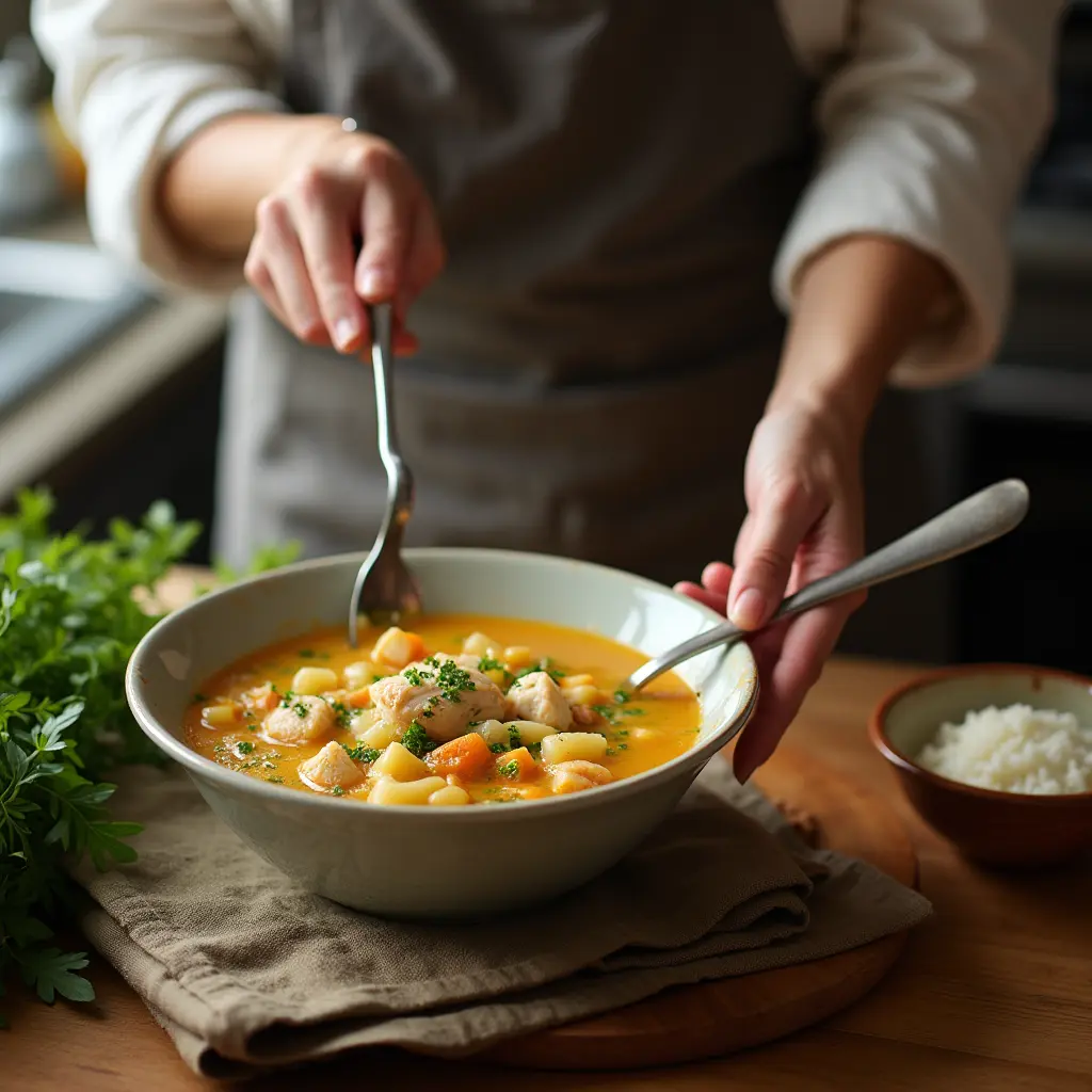 A warm, comforting bowl of Chicken Cabbage Soup, with chunks of chicken, cabbage, and vegetables simmering in a flavorful broth.