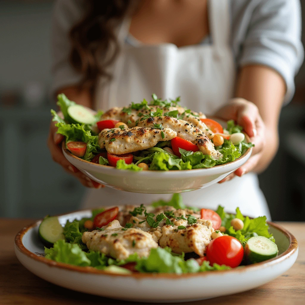 Homemade chicken salad made with the famous chicken salad chick recipe, served with fresh vegetables