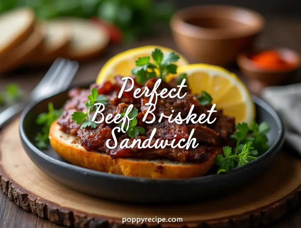 Delicious beef brisket sandwich with tender, slow-cooked beef, fresh vegetables, and tangy sauce on a soft bun.