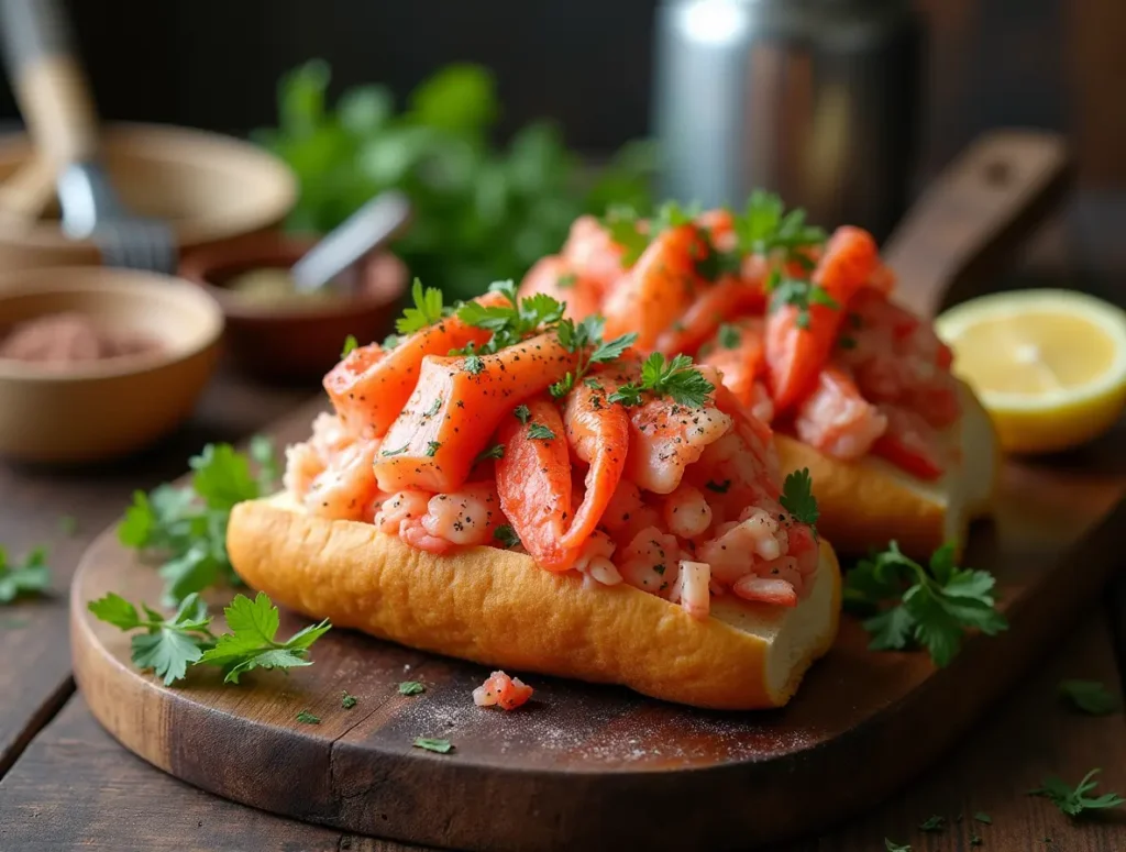 Maine Lobster Roll with chunks of lobster meat and creamy mayo in a toasted brioche bun, garnished with fresh herbs.