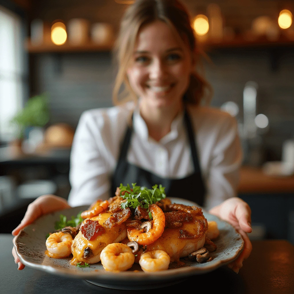 Tasty chicken and shrimp recipes served with grilled chicken, shrimp, and flavorful toppings like bacon and melted cheese.