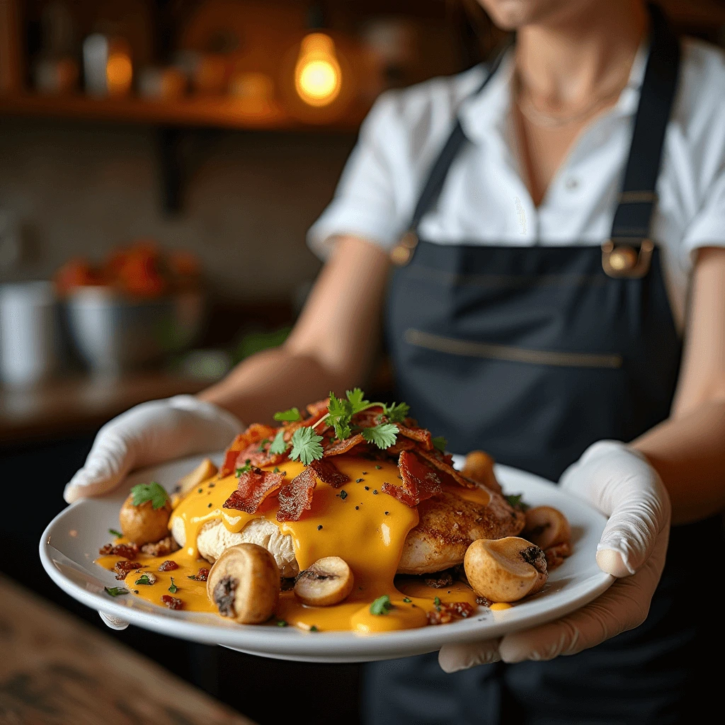 Delicious Alice Springs Chicken with grilled chicken breast, crispy bacon, melted cheese, sautéed mushrooms, and honey mustard sauce.