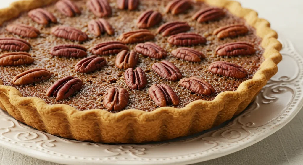 A classic Southern Pecan Pie with a golden flaky crust topped with glossy caramelized pecans served on a rustic wooden table