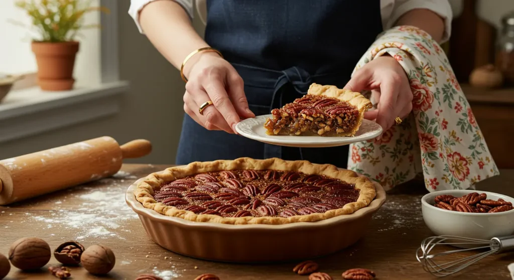 Southern Pecan Pie with a golden crust and caramelized pecans on top, placed on a wooden surface
