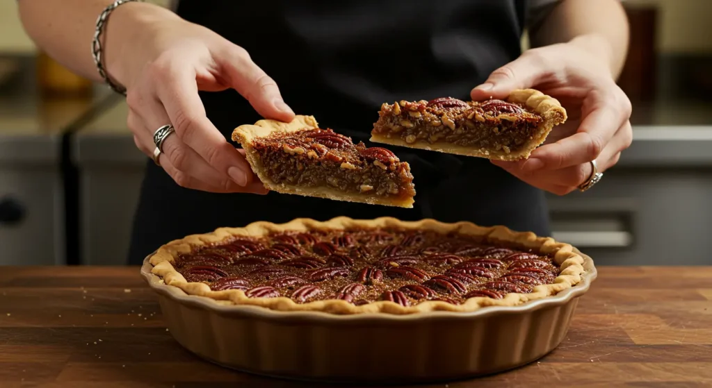 Freshly baked Southern Pecan Pie with a golden crust and a layer of toasted pecans, served on a wooden table